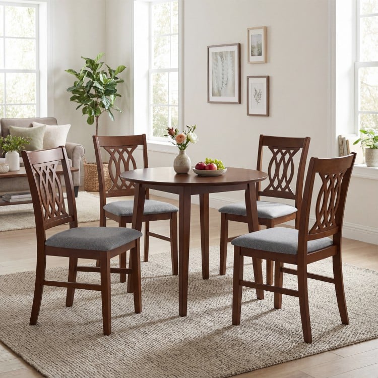 Walnut dining chairs set with padded seats, ergonomic backrest, and sturdy rubber wood for kitchen or living room use.