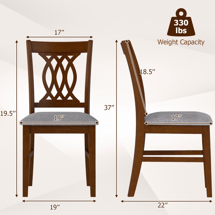 Walnut dining chair set with padded seat, ergonomic backrest, and sturdy rubber wood construction for kitchen or living.