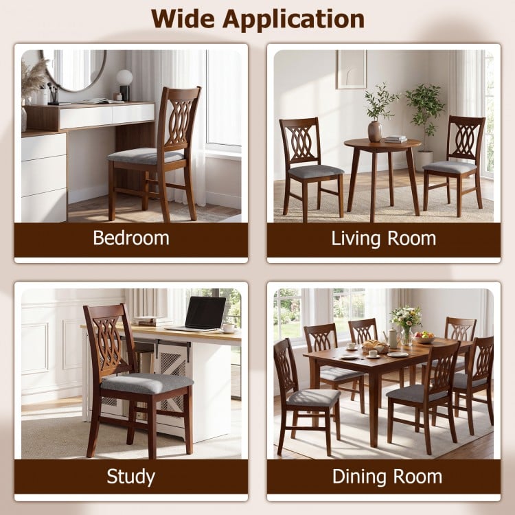 Set of 2 walnut dining chairs with padded seats, ergonomic backrest, ideal for kitchen or living room use.