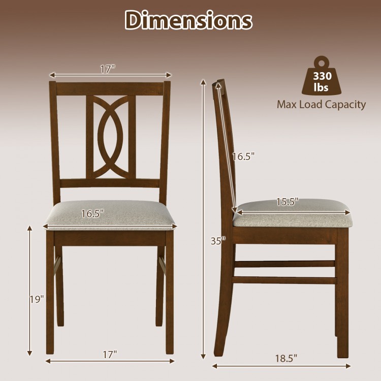 Dimensions of a rubber wood dining chair set with hollowed backrest, featuring faux linen upholstery and a 330 lbs.
