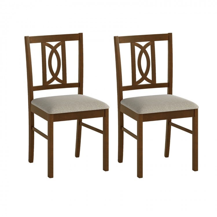 Walnut dining chair with a curved hollowed backrest, faux linen upholstery, and sturdy rubber wood legs for durability.