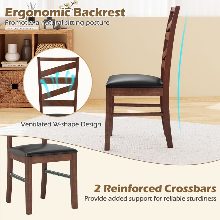 Side view of a dining chair with ergonomic backrest, rubber wood legs, and PU leather upholstery in walnut finish.