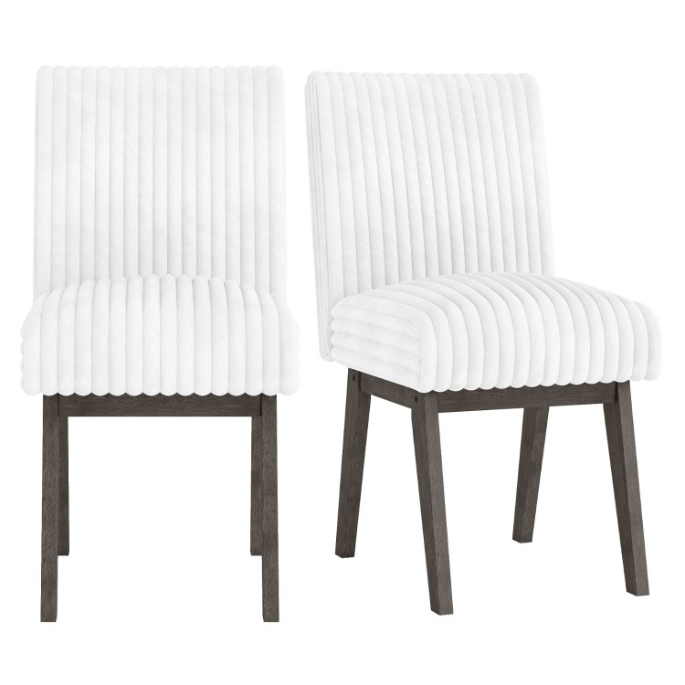 Set of 2 white fabric upholstered dining chairs with padded seats and grey rubber wood legs, ideal for kitchen or.