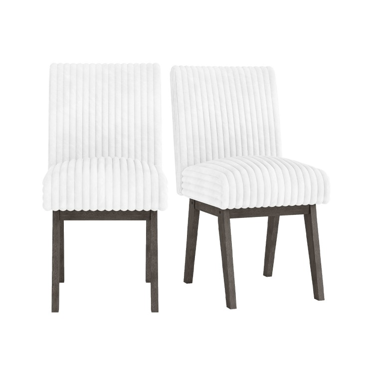 Close-up of the channel tufted backrest on a white fabric upholstered dining chair with rubber wood legs, perfect for.