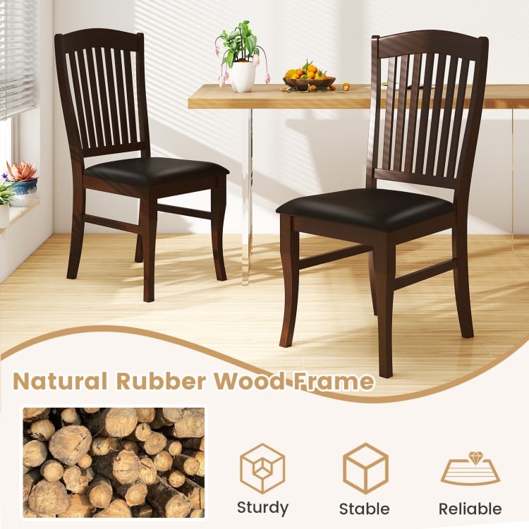 Set of 2 mid-century dining chairs with natural rubber wood frame and PU leather upholstery for kitchen or dining room.