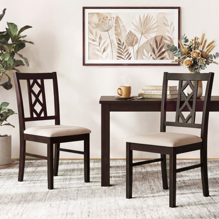 Set of 2 brown rubber wood dining chairs with hollowed backrest and faux linen upholstery for comfortable seating.