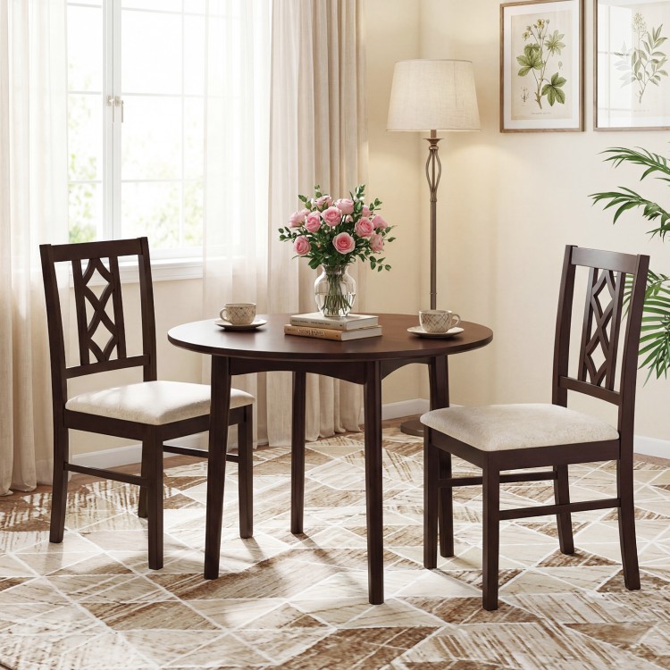 Set of 2 brown rubber wood dining chairs with ergonomic hollowed backrests and faux linen upholstery for comfort.