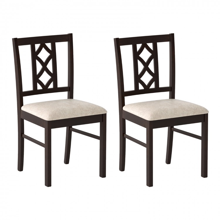 Set of 2 brown rubber wood dining chairs with hollowed backrest and faux linen upholstery for ergonomic comfort.