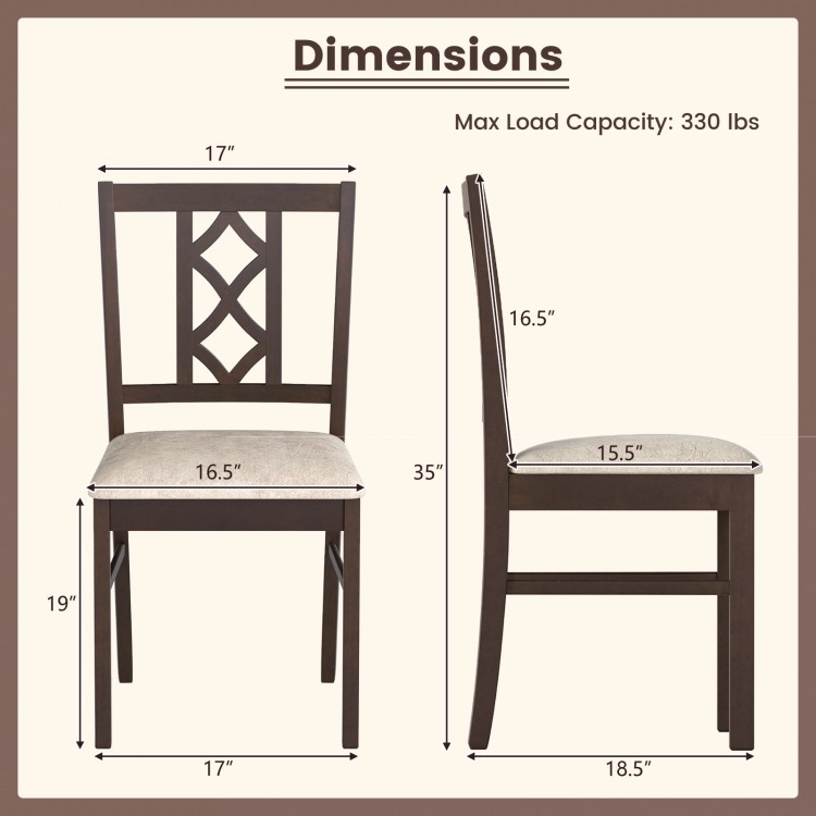 Brown rubber wood dining chair set of 2 with ergonomic hollowed backrest and faux linen upholstery, dimensions included.