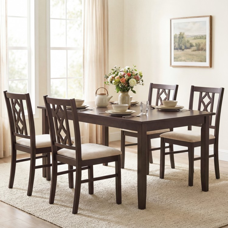 Set of 2 brown rubber wood dining chairs with ergonomic hollowed backrest and soft faux linen upholstery for comfort.