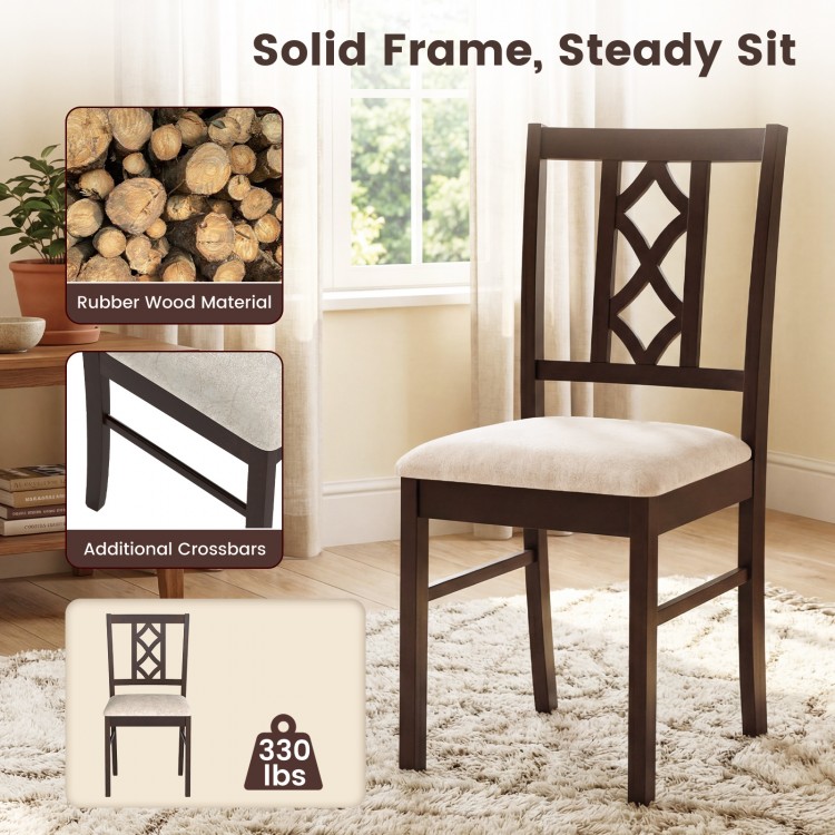 Brown rubber wood dining chair with hollowed backrest and faux linen upholstery, designed for comfort and durability.
