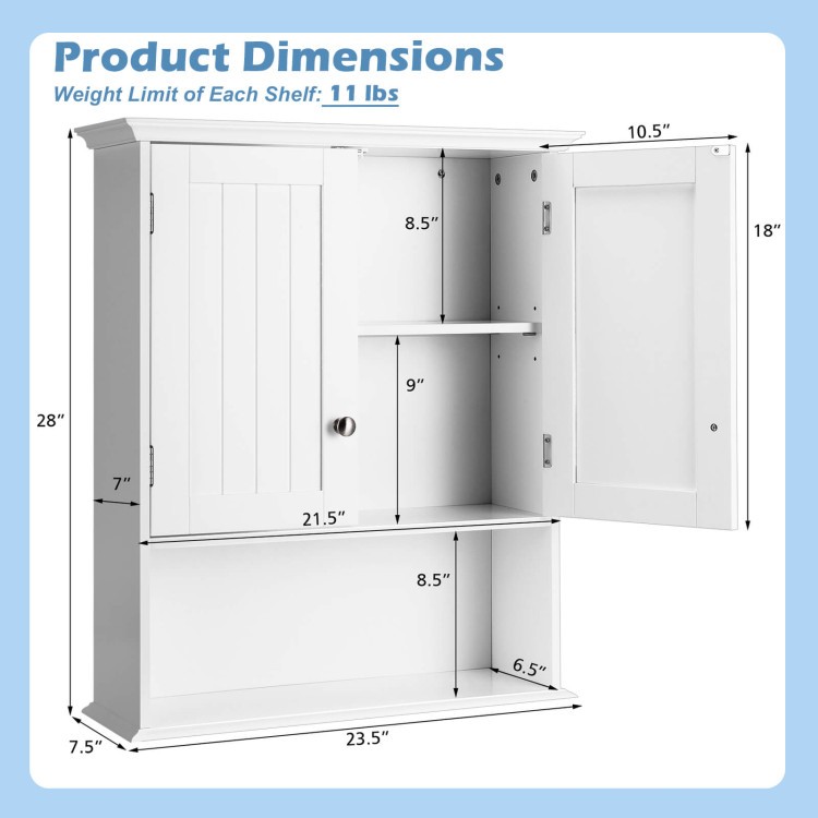 Tall storage cabinet dimensions with adjustable shelves, sturdy MDF construction, and wall-mounted design for versatile.