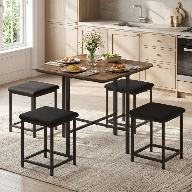 Dining table set with rustic brown finish and four upholstered stools, perfect for family gatherings and space-saving.