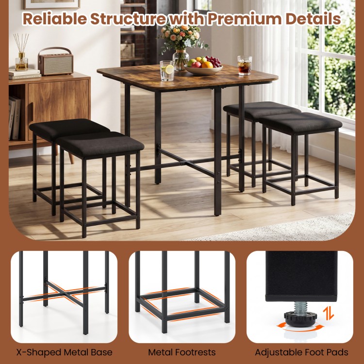 Dining table set with rustic brown finish, featuring 4 upholstered stools, metal frame, and adjustable foot pads for.