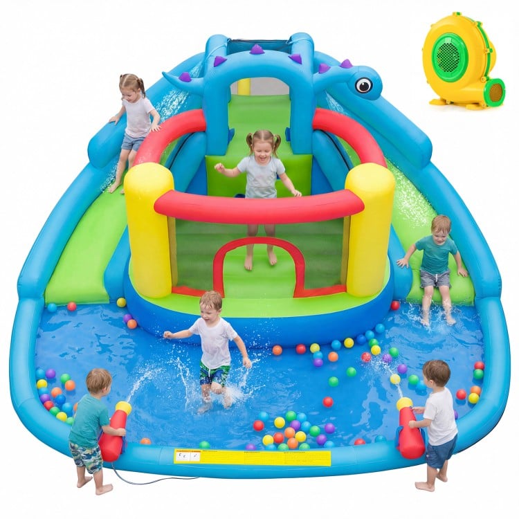 Dinosaur-themed inflatable water slide park with double slides, splash pool, and water cannons for backyard fun.