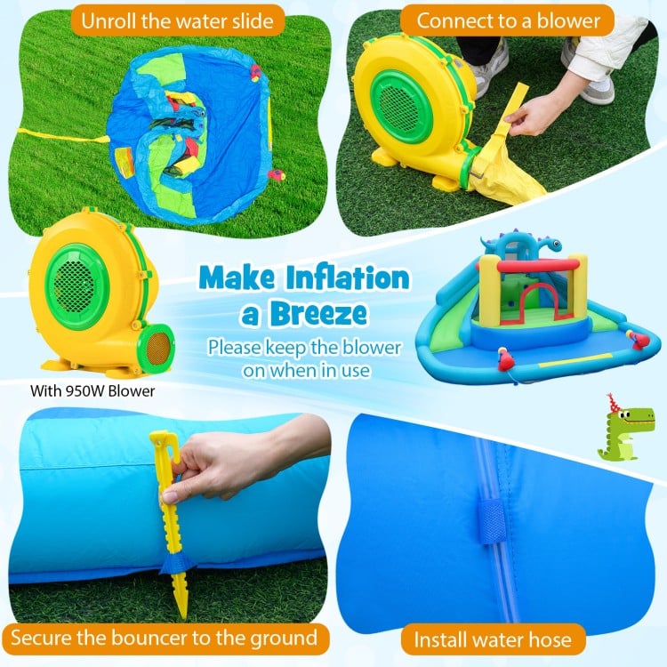 Inflatable water slide park showing the blower connection for easy inflation, ideal for backyard fun and quick setup.