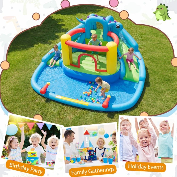 Dinosaur-themed inflatable water slide park showcasing kids climbing the wall and enjoying the vibrant, colorful play.
