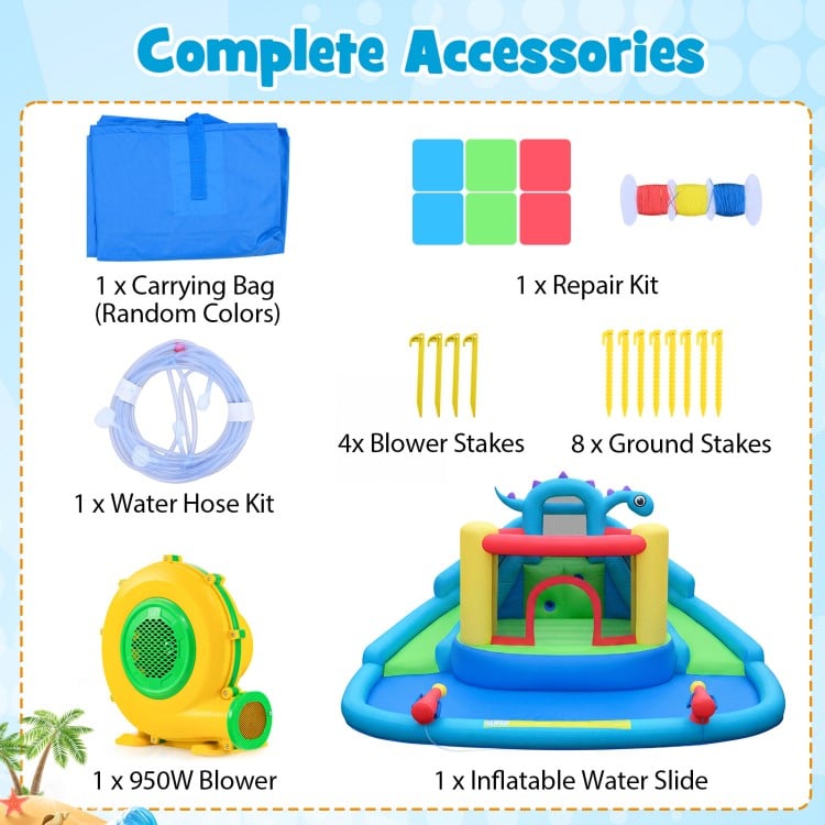 Carrying bag and repair kit for the dinosaur-themed inflatable water slide park, ensuring quick setup and maintenance.
