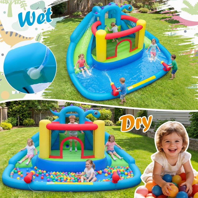 Dinosaur-themed inflatable water slide park featuring a large jumping area and vibrant colors for outdoor summer fun.