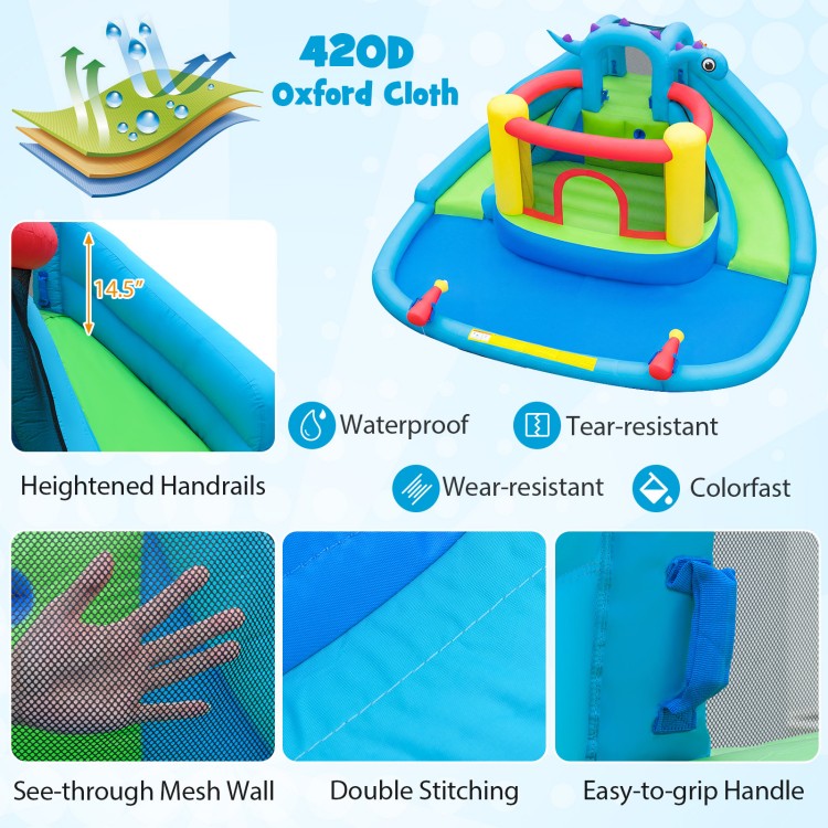 Close-up of the heightened handrails and see-through mesh wall on the dinosaur-themed inflatable water slide park for.