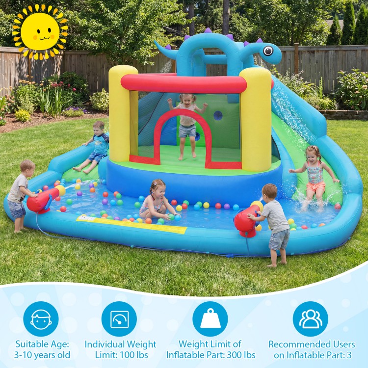 Dinosaur-themed inflatable bounce house with water slide, featuring double slides and splash pool for kids' outdoor fun.