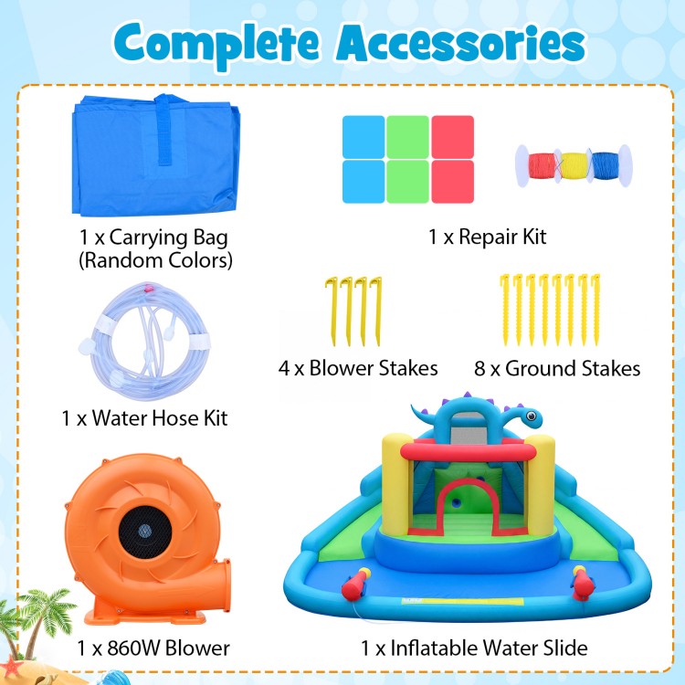 Dinosaur-themed inflatable water slide park with double slides, splash pool, and climbing wall for backyard fun.
