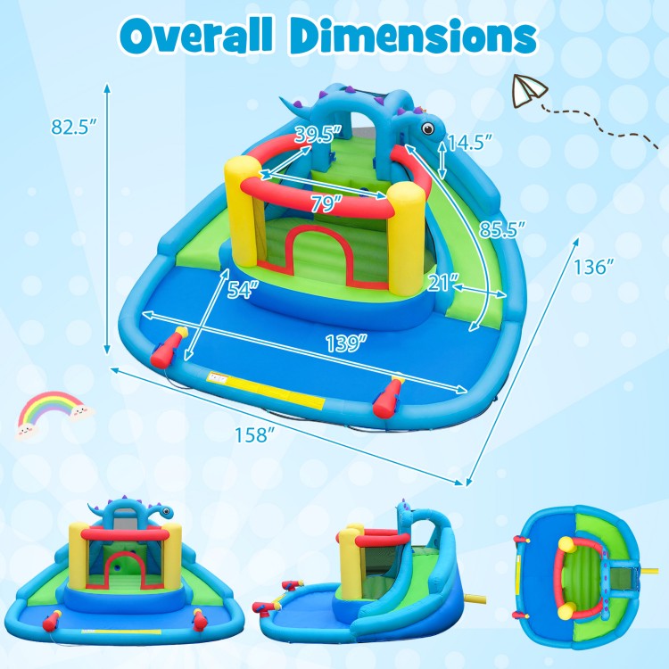 Overall dimensions of the dinosaur-themed inflatable water slide park, showcasing its size and features for backyard.