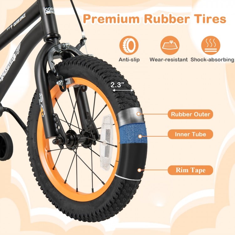 Close-up of the 14-inch kids bike's premium rubber tire, featuring anti-slip and shock-absorbing design for safety.