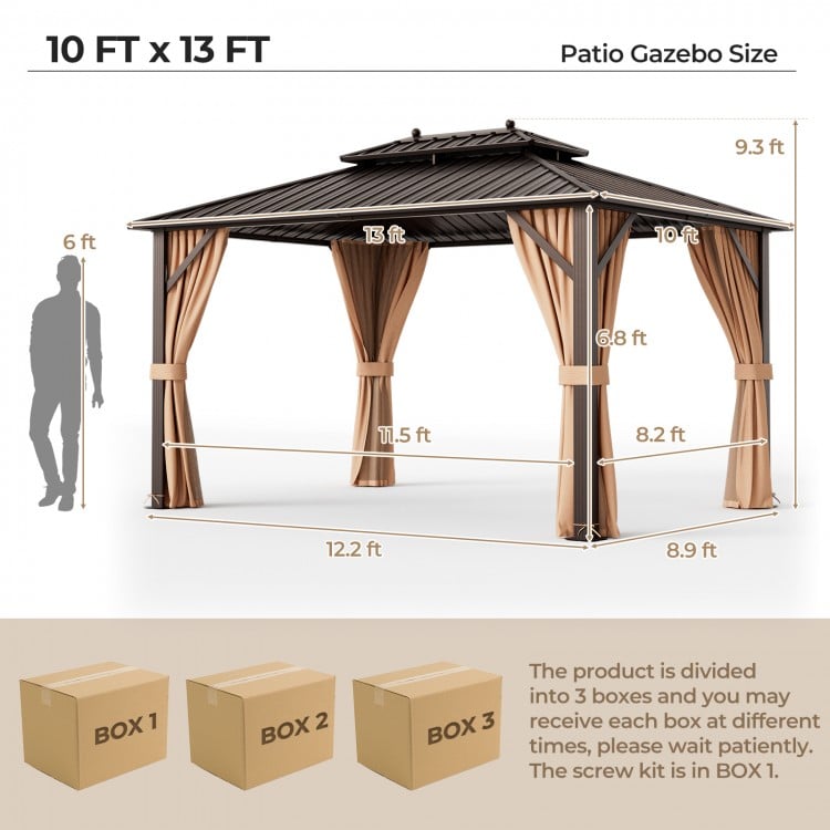 10x13ft double-roof patio gazebo with galvanized steel roof, curtains, and netting for outdoor comfort and privacy.