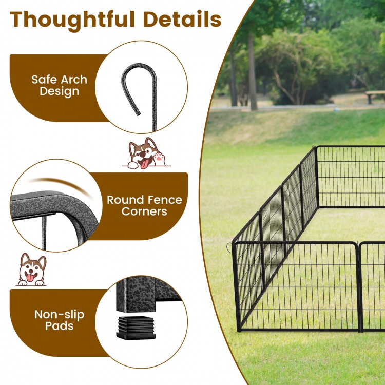 Detail of the 16-panel dog playpen showing safe arch design, round corners, and non-slip pads for stability.