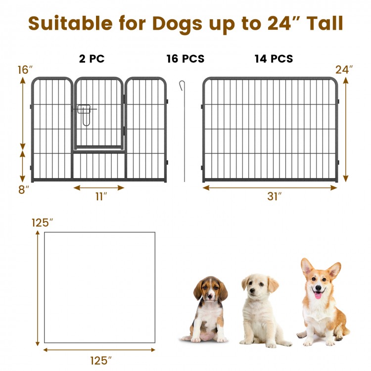16-panel dog playpen with a large door, 24 inches high, featuring a secure lock and durable metal construction for.