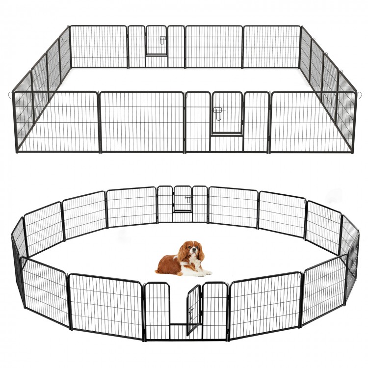 16-panel dog playpen with a large door, 24 inches high, made of durable metal for indoor and outdoor use.