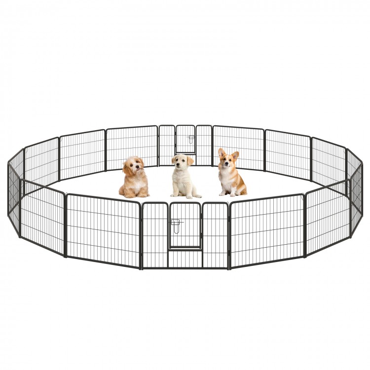 16-panel dog playpen with a large door, 24 inches high, featuring rust-resistant metal for indoor and outdoor use.