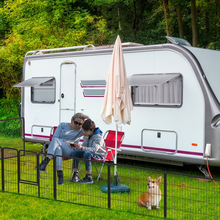 Dog playpen with 16 panels, 24 inches high, featuring a secure lock and large door for indoor and outdoor use.