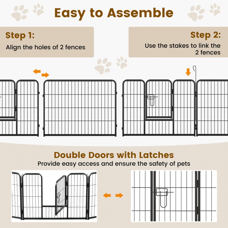 16-panel dog playpen with lock and large door, featuring easy assembly steps and durable metal construction for.