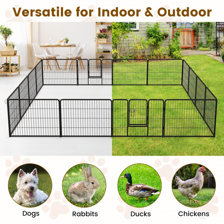 16-panel 24-inch dog playpen with lock and large door, ideal for indoor and outdoor use, featuring durable metal.
