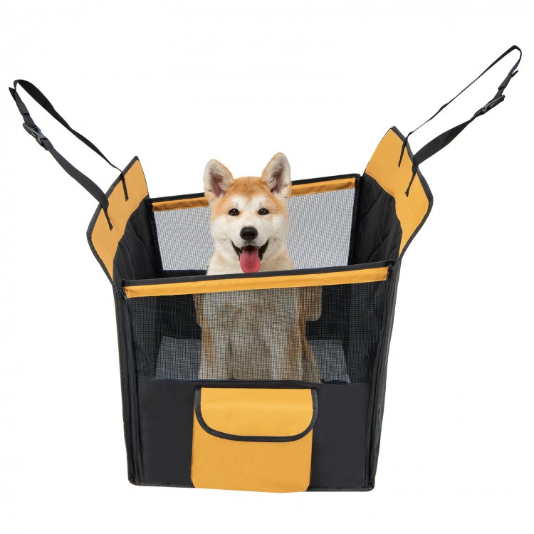 Dog car seat cover in black with mesh window, featuring a spacious design for small and medium dogs, perfect for travel.