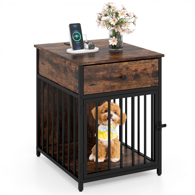 Rustic brown dog crate furniture for small dogs with a charging station, drawer, and sturdy metal fencing for safety.