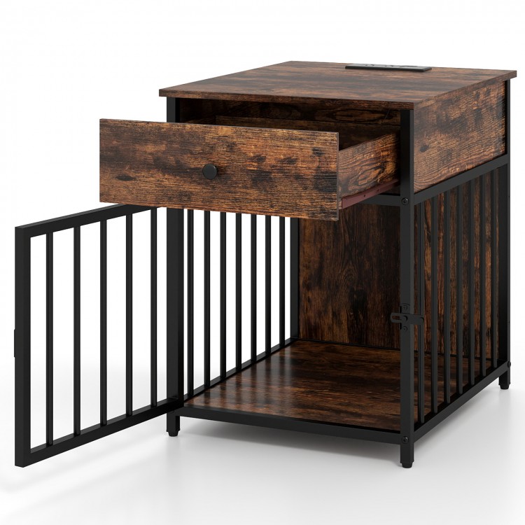 Rustic brown dog crate furniture with a drawer and charging station, ideal for small dogs and as a stylish end table.