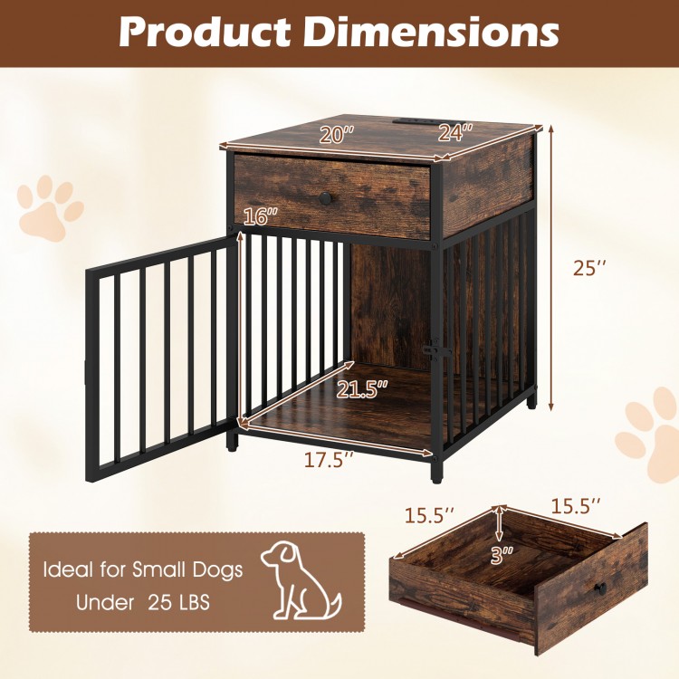 Wooden dog crate furniture with a charging station, ideal for small dogs under 25 lbs, featuring a lockable door and.
