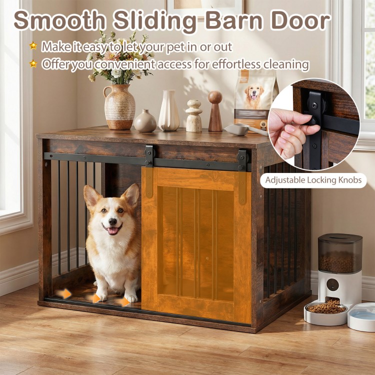 Heavy-duty dog kennel with a sliding barn door in rustic brown, ideal for small to medium dogs and versatile home use.