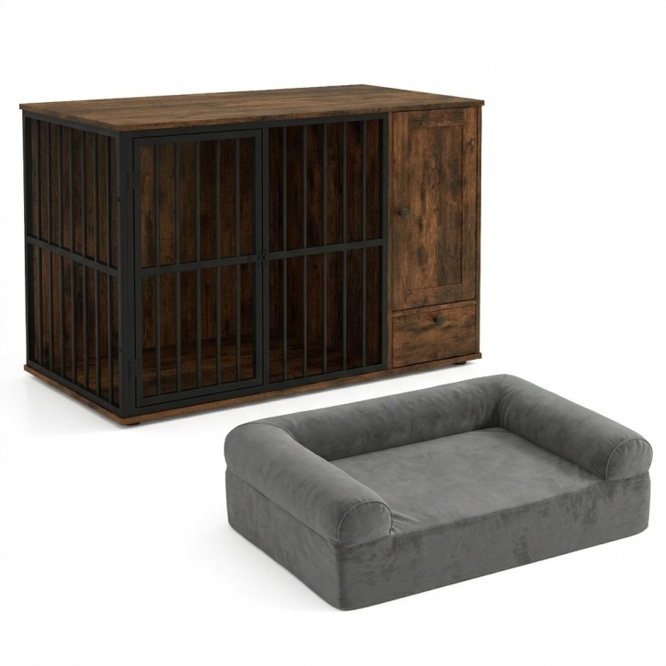 Dog crate furniture with a cooling gel dog bed, featuring chew-resistant fencing and built-in storage for small dogs.