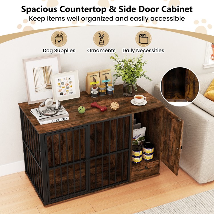 Dog crate furniture with a spacious countertop, side door cabinet, and cooling gel dog bed for small and medium dogs.