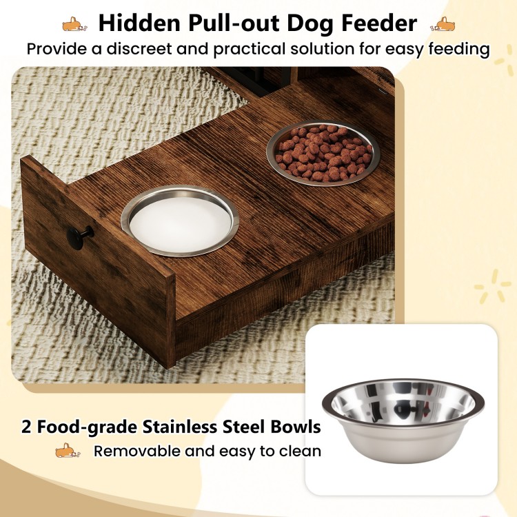 Hidden pull-out dog feeder with two stainless steel bowls for easy feeding, perfect for small and medium dogs.