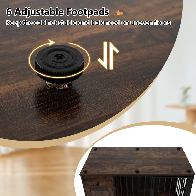 Adjustable footpad detail on the dog crate furniture, ensuring stability on uneven floors for small and medium dogs.