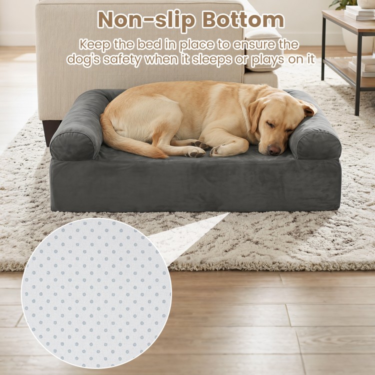 Cozy dog bed with bolsters and non-slip bottom, featuring cooling gel memory foam for small and medium dogs.