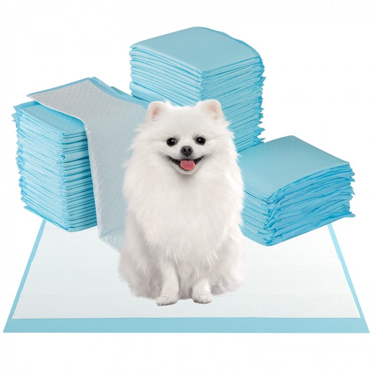Dog and puppy pee pads in blue, 24" x 17", 300 counts, featuring 5-layer design for maximum absorption and leak.