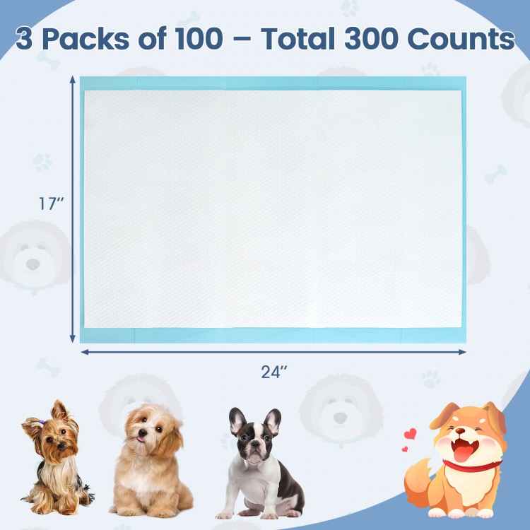 Dog and puppy pee pads, 24" x 17", 300 counts, designed for maximum absorption and leak protection during potty.
