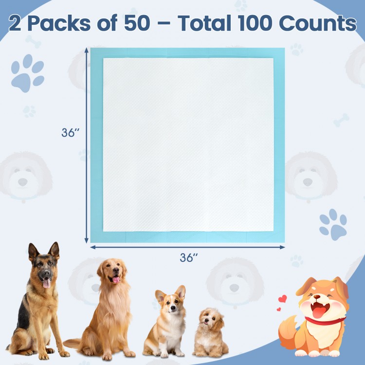 Dog and puppy pee pads, 36" x 36", 100 counts, featuring a 5-layer design for maximum absorption and leak protection.
