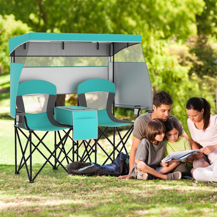 Double beach chair in turquoise with adjustable canopy and side shades, perfect for outdoor relaxation and sun.